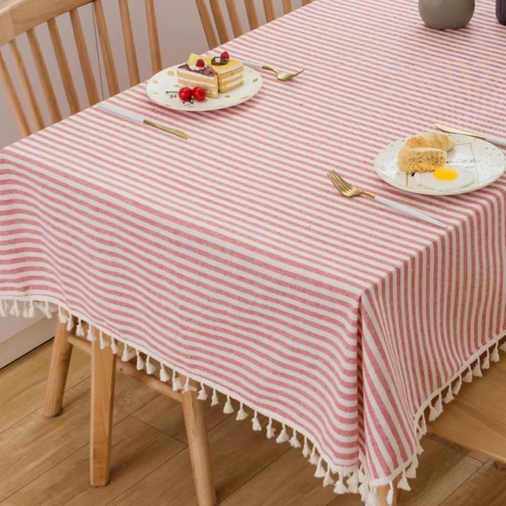 Red and White Striped Tablecloth with Tassels